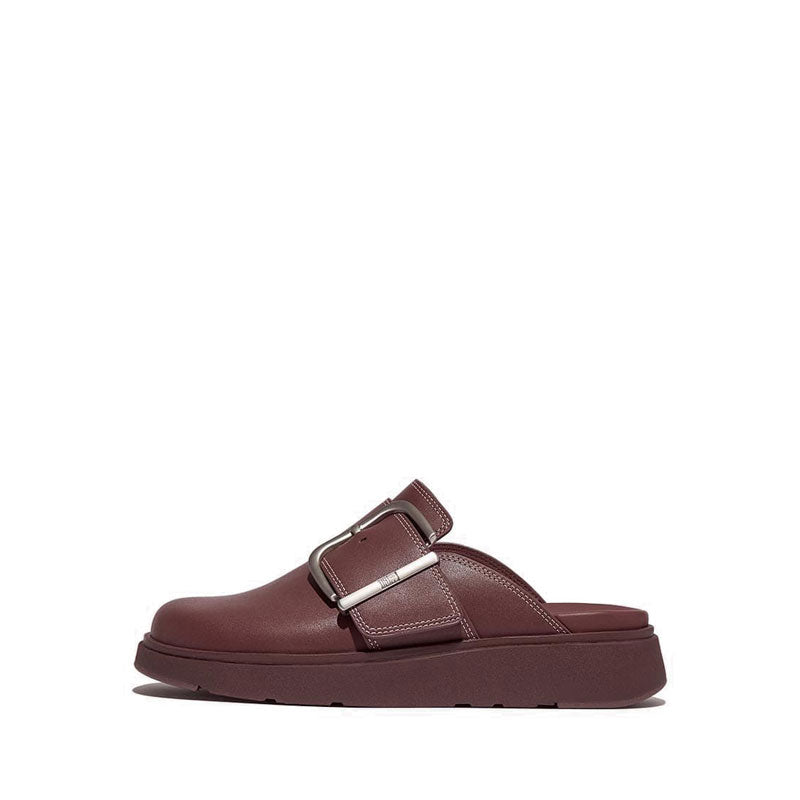 Maxi-Buckle Contrast-Stitch Leather Mules