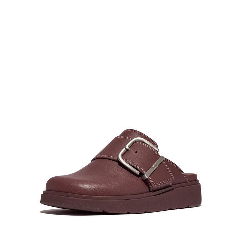 Maxi-Buckle Contrast-Stitch Leather Mules