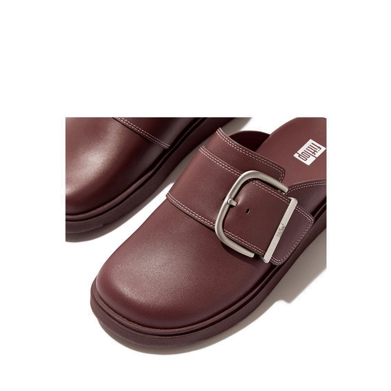 Maxi-Buckle Contrast-Stitch Leather Mules