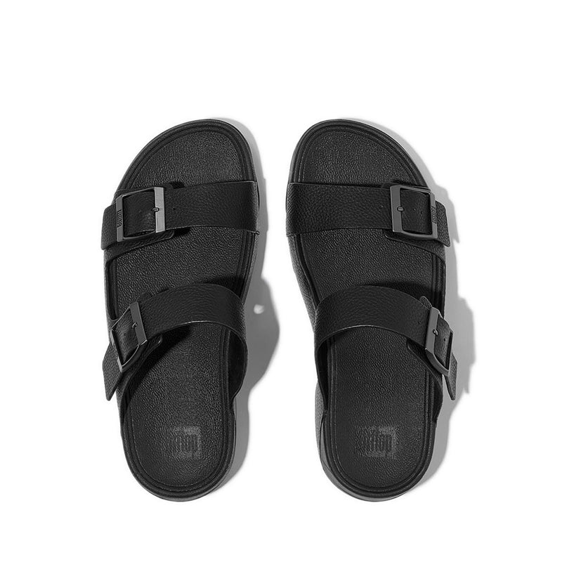 MENS BUCKLE TUMBLED-LEATHER SLIDES